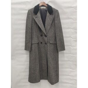 Loring Women Small Vtg Wool Herringbone Double Breasted Long Coat Velvet Collar